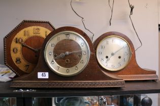 2 Oak Mantel clocks and a Art Deco Octagonal oak wall clock with numeral dial