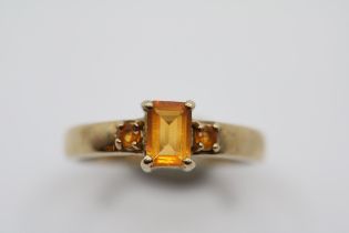 9ct Gold Three Stone Emerald cut fire Opal ring Size N. 2.63g total weight