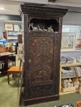 Late 19thC Oak Carved Hall Robe with drawer to base and metal drop handles