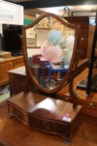 20thC Walnut Shield shaped dressing table mirror with drawer base