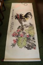 Chen Tianyu's Camelia & Gongmai Hanging Scroll with hardwood handle. 203cm in Length