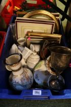 Box of assorted ceramics, Pictures and Silver plated ware Cloisonne ware etc