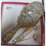 Two Georgian silver mustard spoons, silver backed brush and silver handled knife