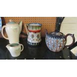 A Susie Cooper Coffee pot (crazed), a jug, Doulton Tea Pot (cracked) and Doulton Jug