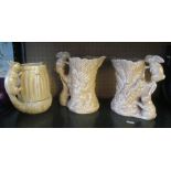 Three SylvaC brown jugs, 2 green jugs 1/f and a cat