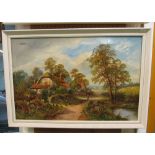 Montgomery Brizell - oil on canvas cottage by river and F. Jameson - oil on canvas cottage with