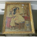 A tapestry picture two girls in interior setting in gilt frame