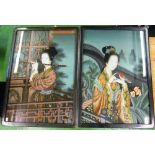 A pair of early 20th Century Chinese school reverse paintings on glass depicting lady with bird