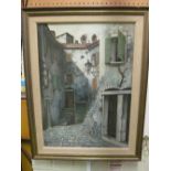 An oil on canvas Continental narrow street with buildings