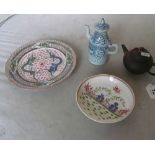 A plate with dragon design, small hot water jug, dish, pottery teapot and two bowls decorated birds