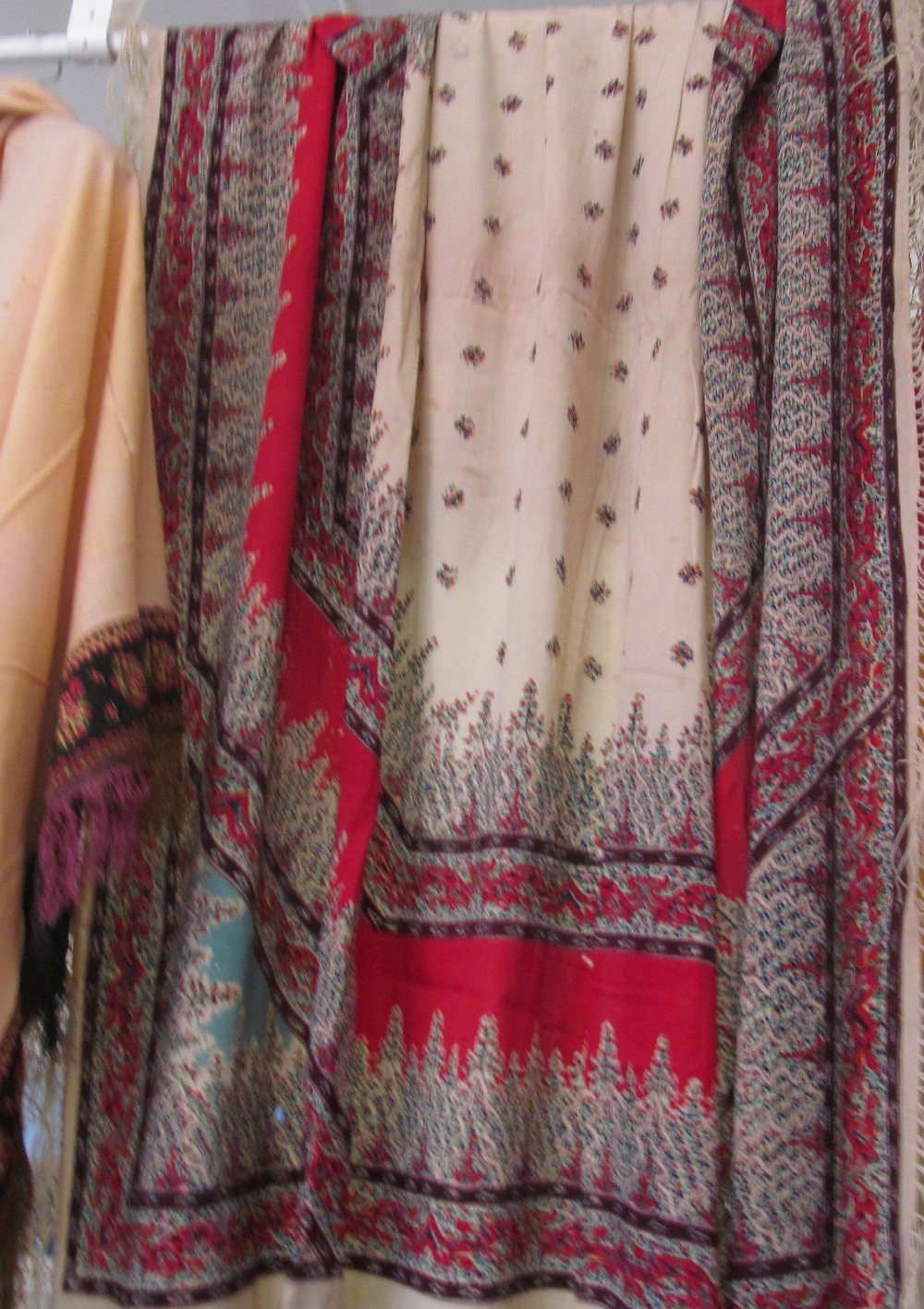 Three antique textiles, two with floral prints, one with embroidered edges and all with tassel - Image 3 of 6