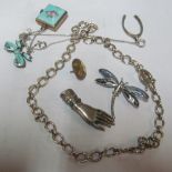 A silver and enamel fob watch and other silver jewellery