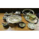 A silver coloured dish and group of silver-plate
