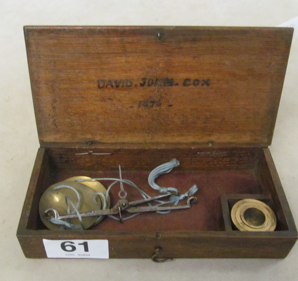 A small set of 19th Century balance scales with brass pans and weights in oak box