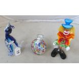 A Murano glass cat, clown and Millefiori vase