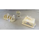 A Lurpack butter dish, egg cup and toast rack