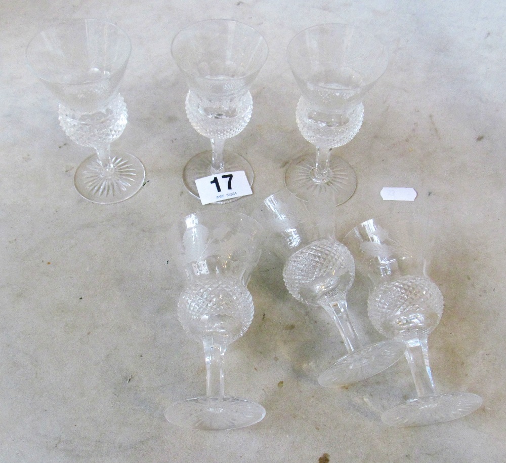 Six Edinburgh crystal thistle design glasses (two a/f)