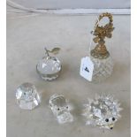 A Swarovski hedgehog, hippo and eagle head and two similar style pieces