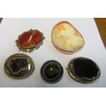 A cameo and four hardstone brooches