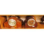 An oak cased 1930's mantel clock, another with battery movement and two clocks