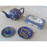 A cloisonne teapot, box and two dishes