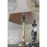 An onyx base table lamp and shade and a metal lamp base