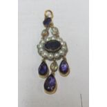 A moonstone, amethyst and pearl drop pendant