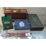 A treen inkstand, playing cards, two card boxes and a Sorrento letter opener