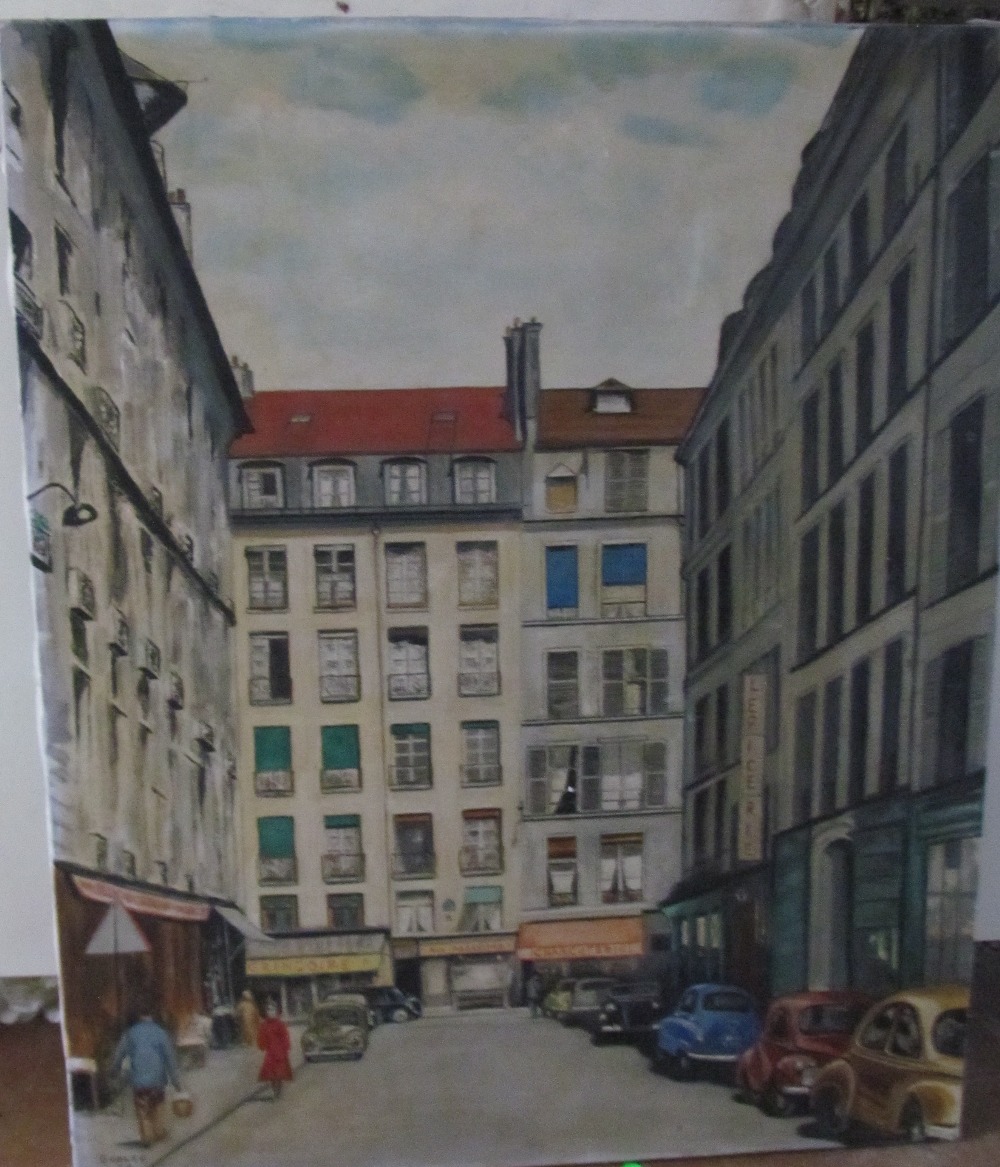 Godley oil street scene Rue Jacob Paris dated 1955