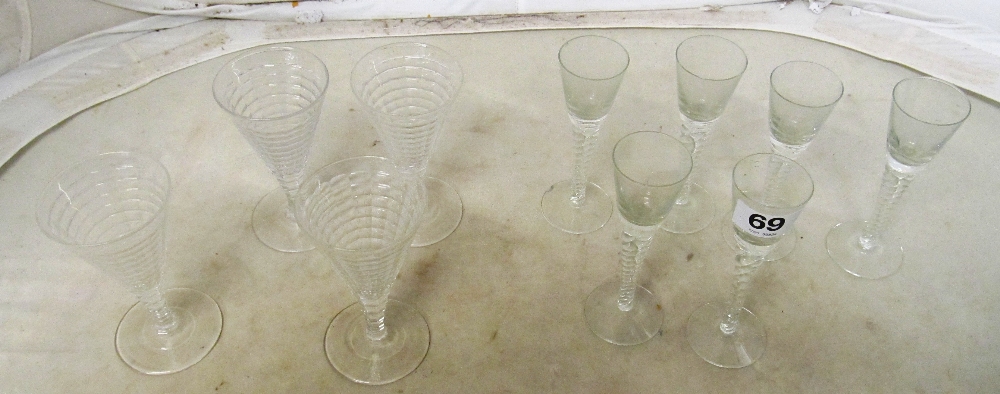 A set of six Sherry glasses and four conical glasses (one a/f)