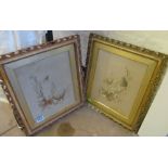 A pair of embroidered pictures birds