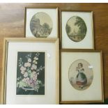 A print of a girl, a still life and two pictures of churches
