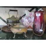 A kettle on stand, copper tray, red glass vase, jug and plated butter dish