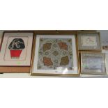 Two oriental embroideries framed, an oriental sleeve piece framed and an embroidery stylized
