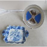 A Dresden plate and a blue and white dish