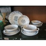 Ravillious Persephone - three two handled cups and saucers and Ravillious Garden bowl and another