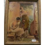 A Christolean man painting a vase with lady in doorway