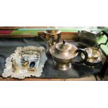 A four-piece silver-plated teaset and a small group of other plated items