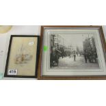 A photographic print North Street, Brighton and a small watercolour cathedral signed W L Broidy?