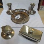 A silver coaster with treen base, blotter and inkstand and pair dwarf candlesticks