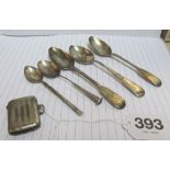 A silver vesta and a small group of silver spoons