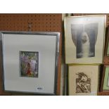 Two prints, enamel picture and drawing