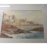 R Whitmore watercolour coastal scene with rocks, beach and town