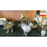 A pair of brass pheasants, an owl and pair of brass horse bookends