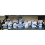 A collection of blue and white kitchenware