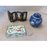 An enamel box decorated horses, miniature folding screen and a blue and white ginger jar