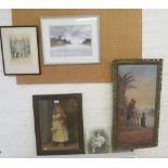 An oil Egyptian landscape, Pears print, watercolour and two pictures