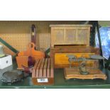 A work box, set of postal scales and other treen