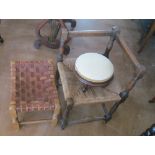 A small corner chair with rush seat, leather topped stool and circular stool