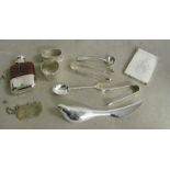 A silver and crocodile effect hip flask, card case and other small items including Georg Jensen bird